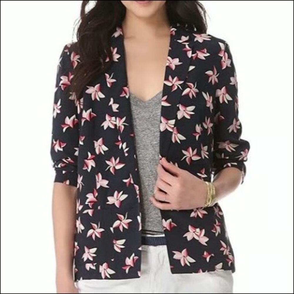 Joie Jordyn Navy Blue Floral Print 100% Silk Blazer Jacket Size Medium